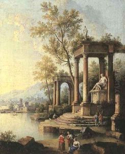 A coastal landscape with figures by classical ruins, a port beyond