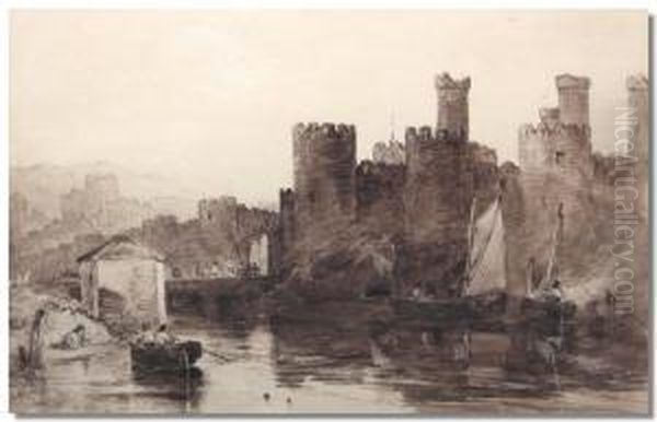 Figures Rowing On A River With Arched Bridge And Castle Beyond - view 1