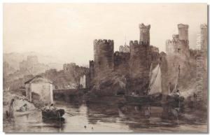 Figures Rowing On A River With Arched Bridge And Castle Beyond