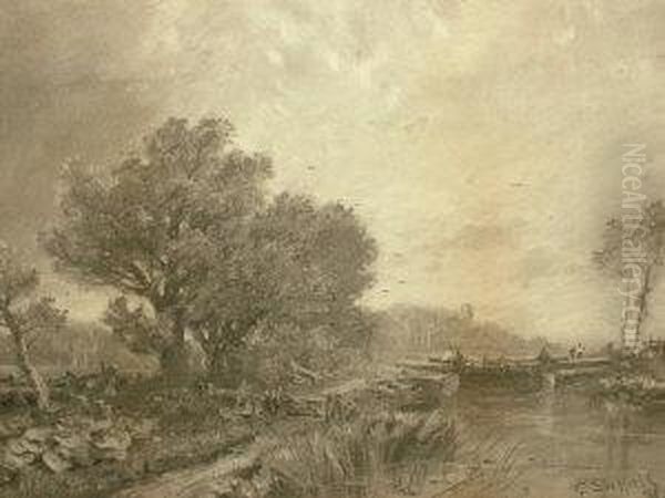 Figures Crossing A Canal With Woodland; Charcoal - view 1