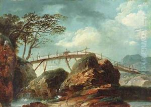 A river landscape with figures on a bridge by Allaert van Everdingen
