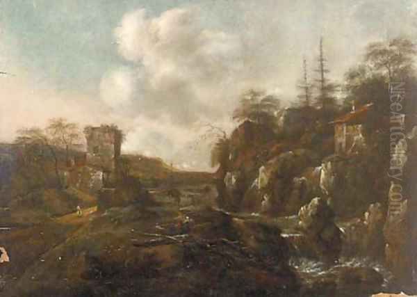 A river landscape with a mill and figures on a path - view 1