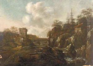 A river landscape with a mill and figures on a path by Allaert van Everdingen