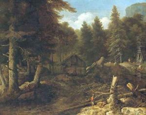 An extensive wooded landscape with woodmen in the foreground by Allaert van Everdingen