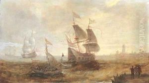Men-o'-war and other shipping in a stiff breeze on the Schelde, a view of Antwerp beyond by Andries Van Eertvelt
