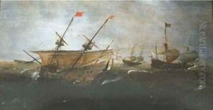 Merchantmen at sea in a gale Merchantmen at sea in a gale