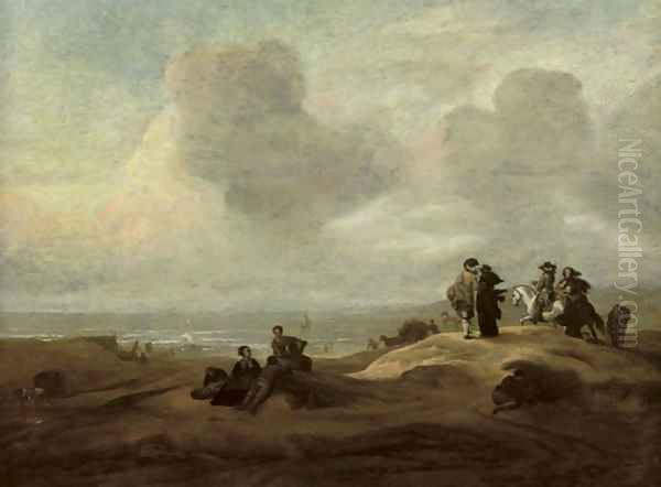 Elegant figures in a dune landscape with the ocean beyond - view 1