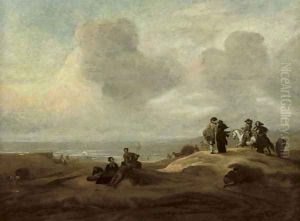 Elegant figures in a dune landscape with the ocean beyond by Jacob Esselens