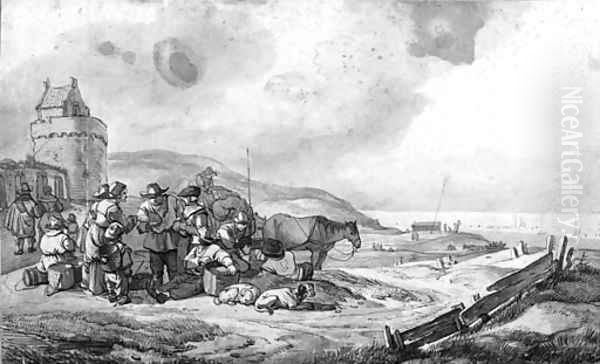 Peasants and carters by a tower in a dune landscape, the sea beyond - view 1