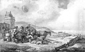 Peasants and carters by a tower in a dune landscape, the sea beyond