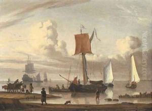 Dutch shipping by a shore with figures unloading a wagon