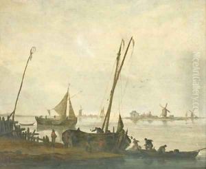 Fishermen mooring their boats on the bank of a river, a sailing boat and a river bank with windmills beyond by Jacob Esselens