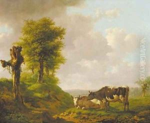 A hilly landscape with a cowherd and his cattle by Adolf Karel Maximilian Engel