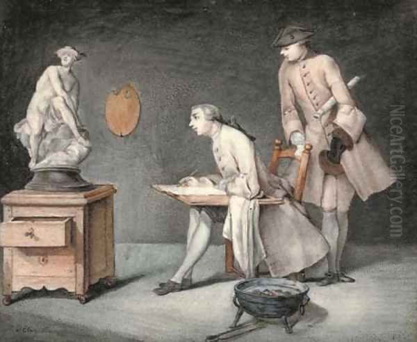 Learning from the masters A student and his teacher studying a classical sculpture - view 1