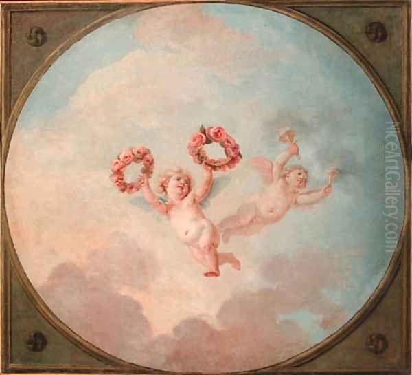 Putti desporting with a garland of flowers and flaming torches - view 1
