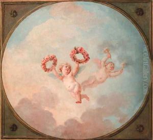 Putti desporting with a garland of flowers and flaming torches by Charles-Dominique-Joseph Eisen