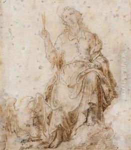 Saint Jean evangeliste assis, l'aigleaa ses pieds by Ecole Espagnole