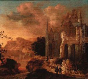 Figures amongst classical ruins by Gerard Van Edema