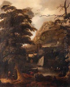A wooded river landscape with a couple on a track, bathers on a bank beyond