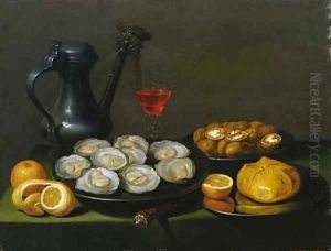 Oysters, walnuts and a bun on a pewter dish by Jacob Foppens Van Es: