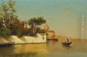 A View Of A Venetian Villa With A Gondola In The Foreground
