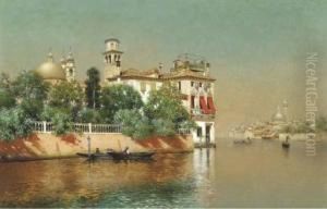 A Venetian View With Gondolas On A Canal by Warren W. Sheppard
