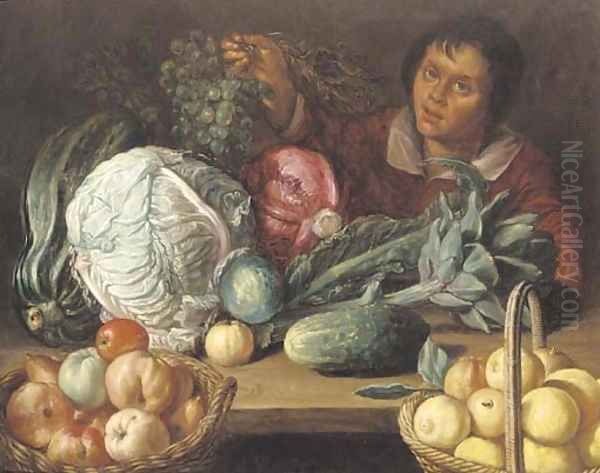 A still life of vegetables and fruit with a youth holding a bunch of grapes - view 1