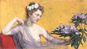A beauty with rhododendrons by Friedrich Georg Engler