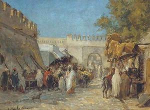 Arabs in a bustling bazaar by Victor Eeckhout