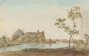 A farmhouse on a river bank by Anthonie Erkelens