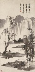 Fishing Alone In The Rain Mountain by Zha Shibiao