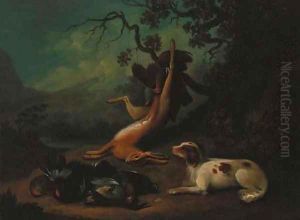 A spaniel with dead game, an extensive landscape beyond by Stephen Elmer