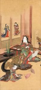 A Courtesan Preparing To Paint A Fan