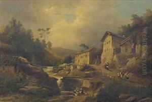 Mosellandschaft villagers by a stream near Trier, Germany by Emil Von Ernst