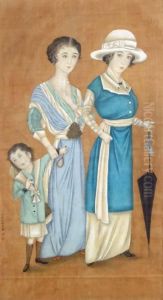 Two Ladies And A Small Girl Carrying A Racquet by Lang Shih-Ning
