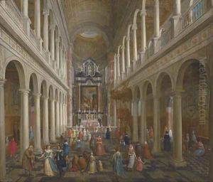 The interior of St. Charles Borromeo, Antwerp, with elegant company by Wilhelm Schubert Van Ehrenber