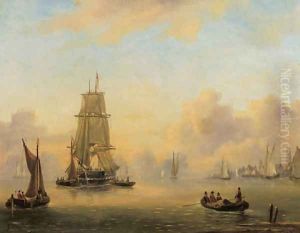 A two-master in a calm, a harbour beyond by Govert Van Emmerik
