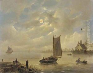 Approaching a harbour town by moonlight by Govert Van Emmerik