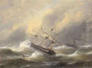 Sailing ships in stormy weather by Govert Van Emmerik