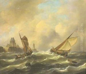 Sailing in a stiff breeze by a coast by Govert Van Emmerik