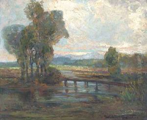 The river crossing, sunset by Augustus William Enness
