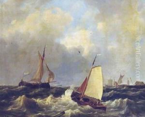 Sailing on choppy waters by a coast by Hendrik Jacob Elzer