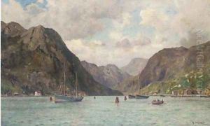 Fishing boats lying on their moorings in a Norwegian fjord by Henry Enfield