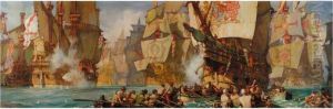 The Fight Off Portland Hill, 
Lord Howard On The Ark Royal, Hard Beset By The Spanish Galleons, Is 
Towed Into The Breeze by Kenneth Denton Shoesmith