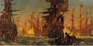 The Armada Anchored In Calais 
Roads Panic Stricken At The Approach Of The Eight English Fire Ships At 
Midnight by Kenneth Denton Shoesmith