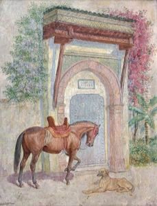 Cheval Selle Et Chien Pres D'une Porte Enalgerie