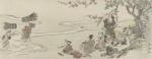 A Design Of Peasants Resting 
Under A Tree Watching Two Women Carrying Bundles Across A Stream, Signed