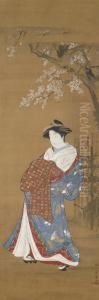 Courtesan Walking Beneath Cherry Blossoms by Katsukawa Shunsho