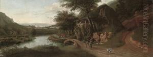 A Wooded River Landscape With Cattle Watering, A Drover On Adonkey, And A Dog On A Track
