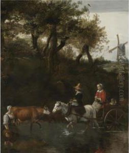 A Wooded Landscape With Peasants Fording A River, A Windmill Beyond To The Right by Jan Siberechts